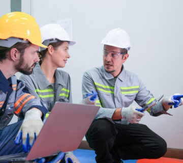 Professional engineer workers training testing machine industry factory concept people operation industrial industry robot programming software automated manufacturing technology 360x320