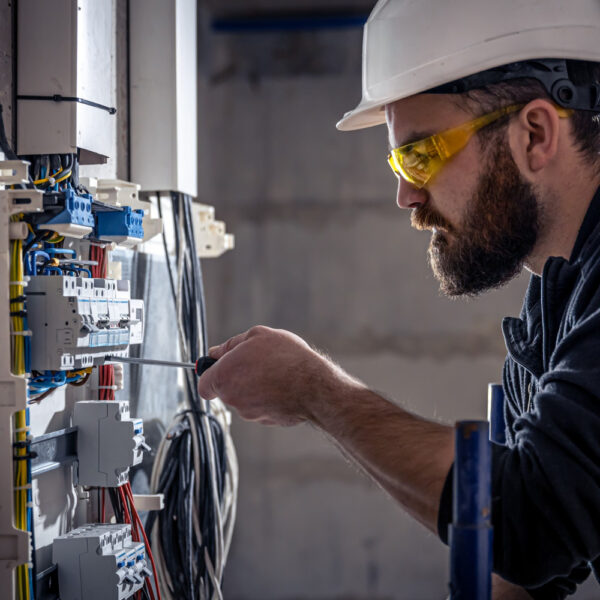 Male electrician works switchboard with electrical connecting cable 600x600